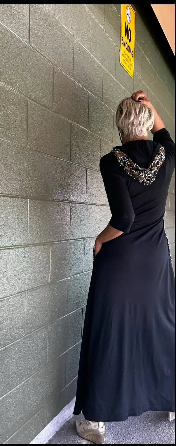 HiLow Black &Gold ‘Something Different From Lagos’ Hooded Dress, with Embellishment Detail.