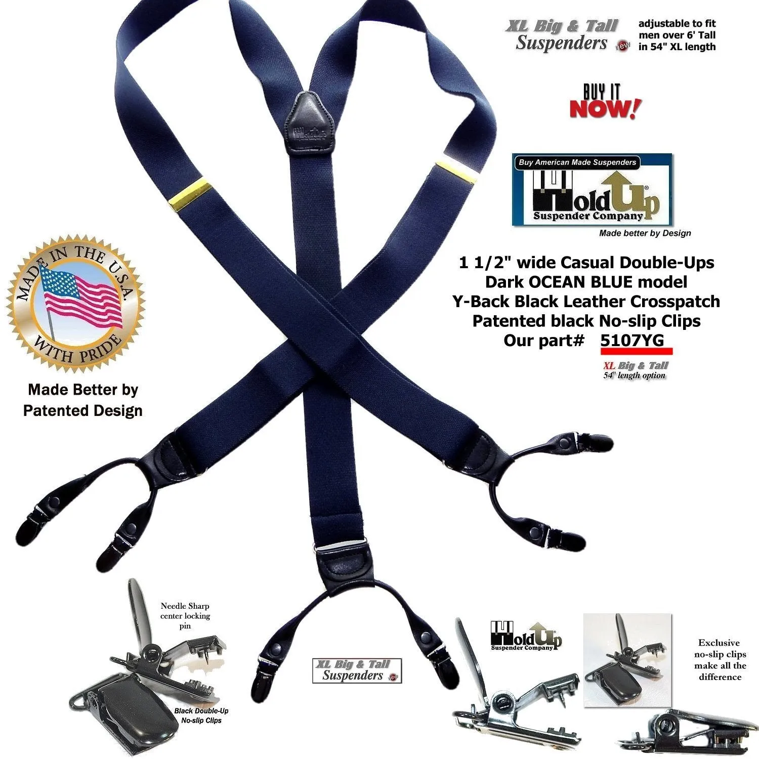 Holdup Brand Dark Ocean Blue Dual Clip XL Double-Ups style with patented black No-slip Clips