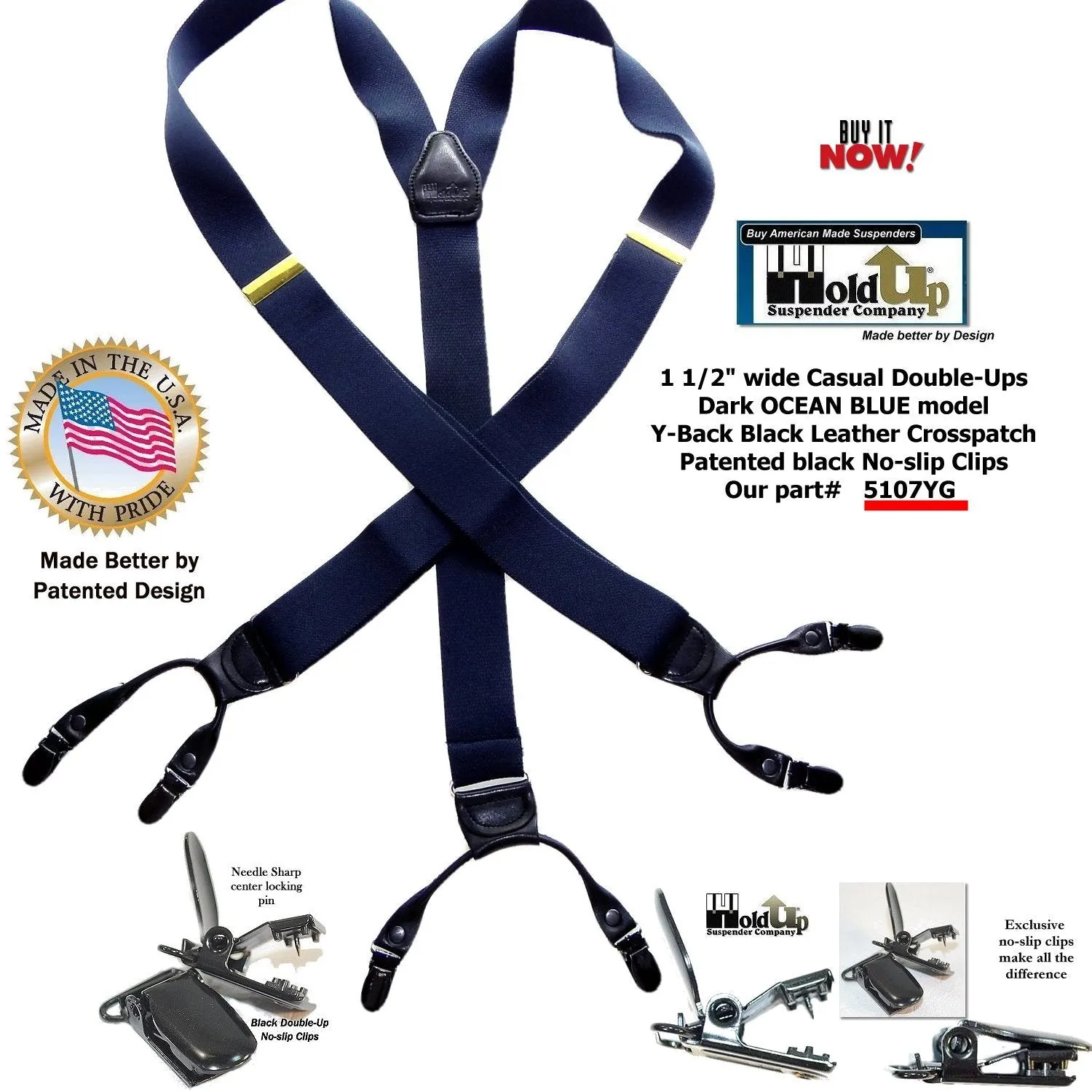 HoldUp Dark Ocean Blue Casual Series Suspenders In Y-back Style And Featuring Black Patented No-slip Clips