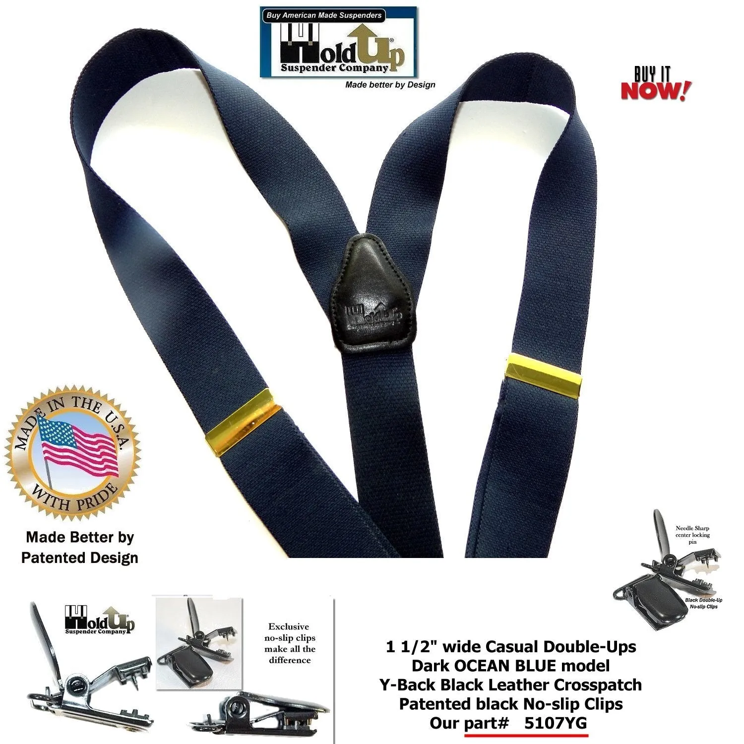 HoldUp Dark Ocean Blue Casual Series Suspenders In Y-back Style And Featuring Black Patented No-slip Clips