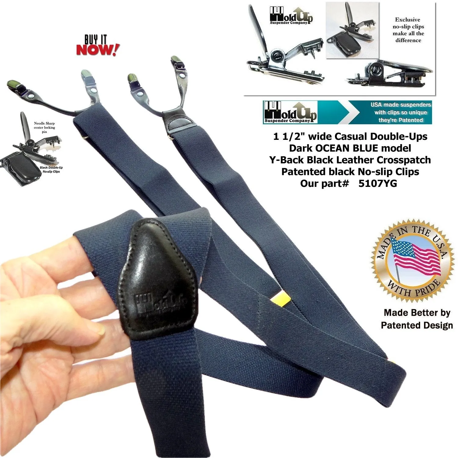 HoldUp Dark Ocean Blue Casual Series Suspenders In Y-back Style And Featuring Black Patented No-slip Clips