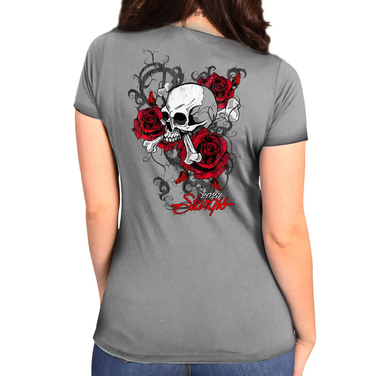 Hot Leathers SPL1857 Women's Silver 2023 Sturgis Rally Skull Rose T-Shirt