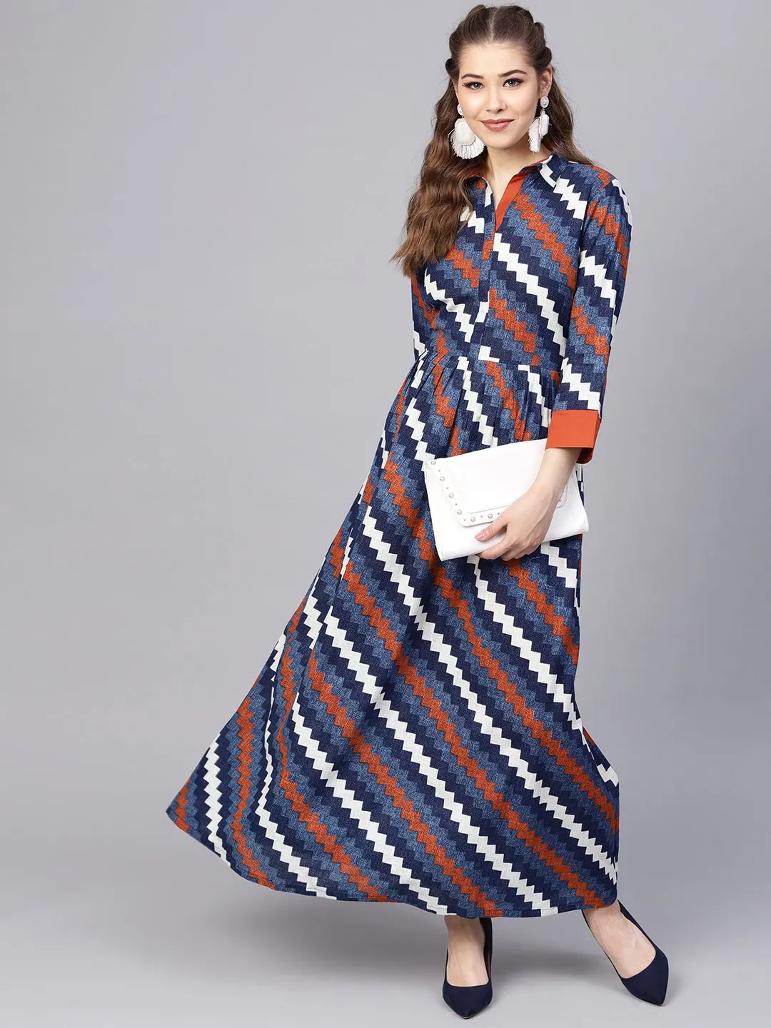 Indigo Blue Geometric Maxi Dress With Shirt Collar & 3/4 Sleeves