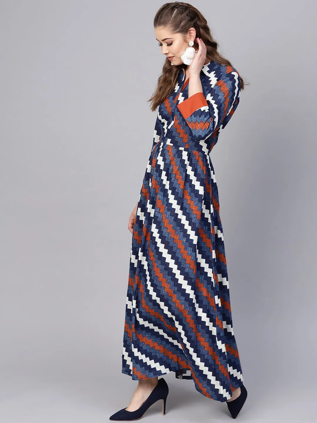 Indigo Blue Geometric Maxi Dress With Shirt Collar & 3/4 Sleeves