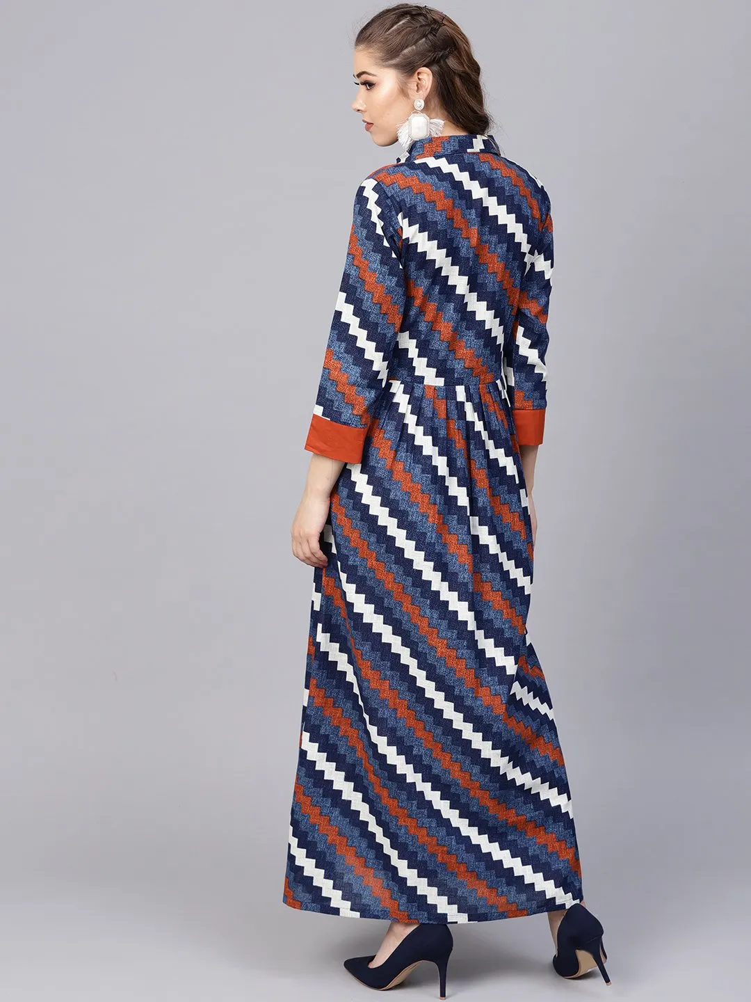 Indigo Blue Geometric Maxi Dress With Shirt Collar & 3/4 Sleeves