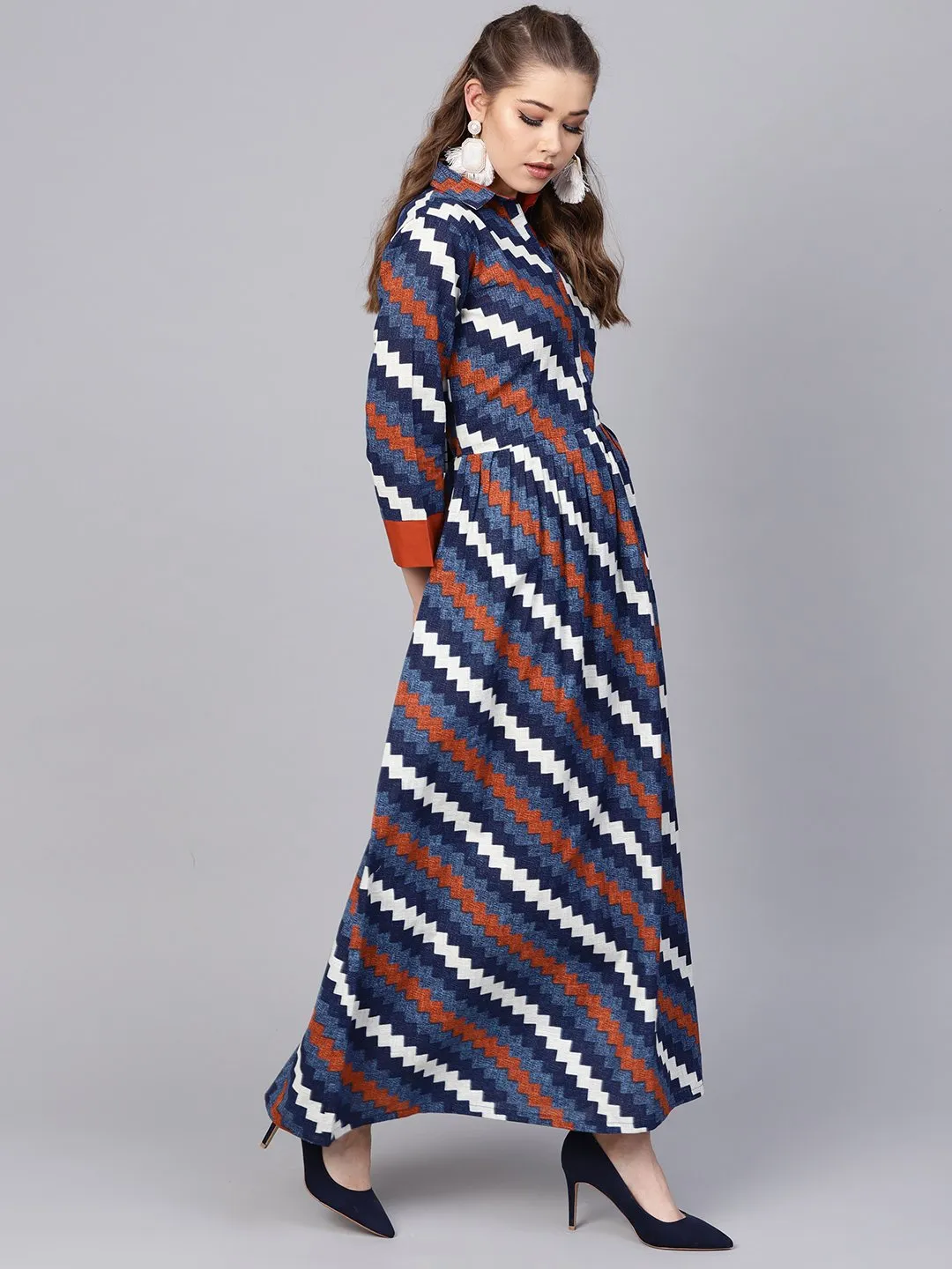 Indigo Blue Geometric Maxi Dress With Shirt Collar & 3/4 Sleeves