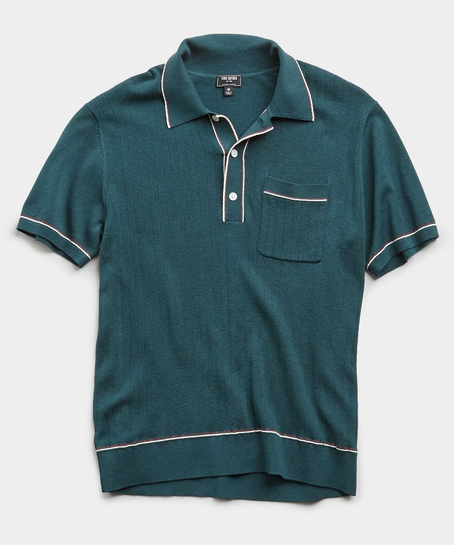 Italian Cotton Silk Tipped Ribbed Polo Sweater in Storm Green