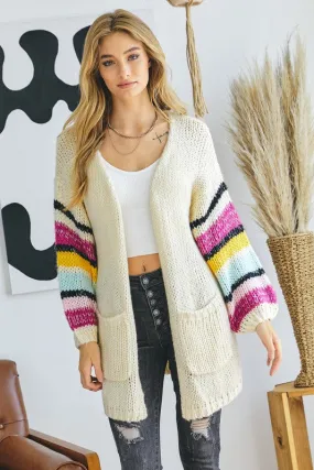 Ivory Open Front Sleeve Striped Accent Cozy Cardigan