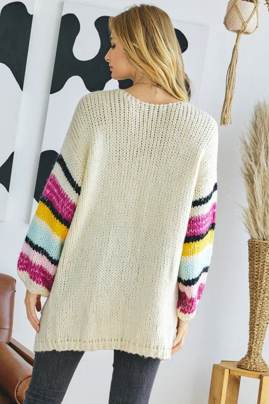 Ivory Open Front Sleeve Striped Accent Cozy Cardigan