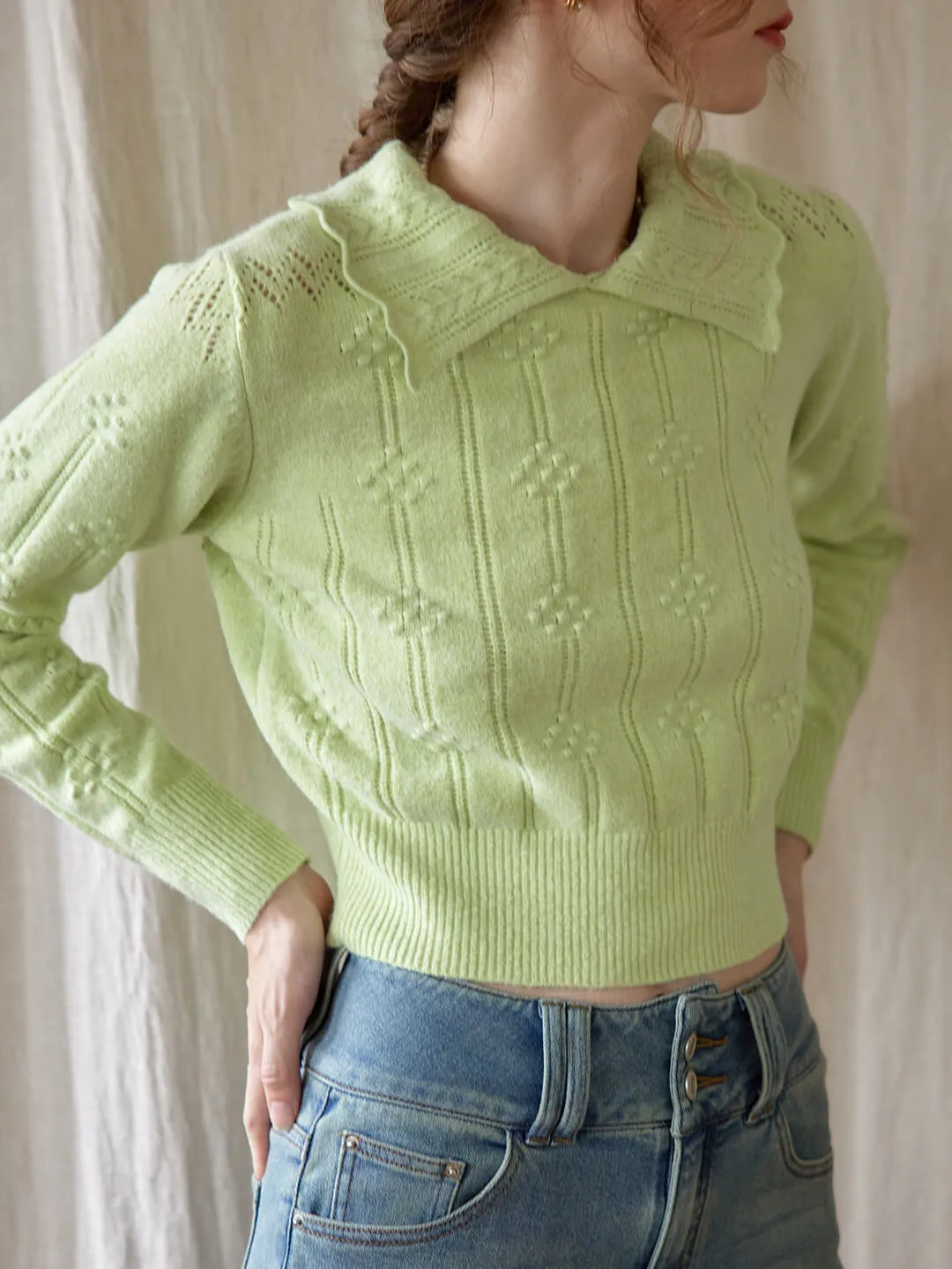 Jasmine Cable Polo Green Knit Sweater