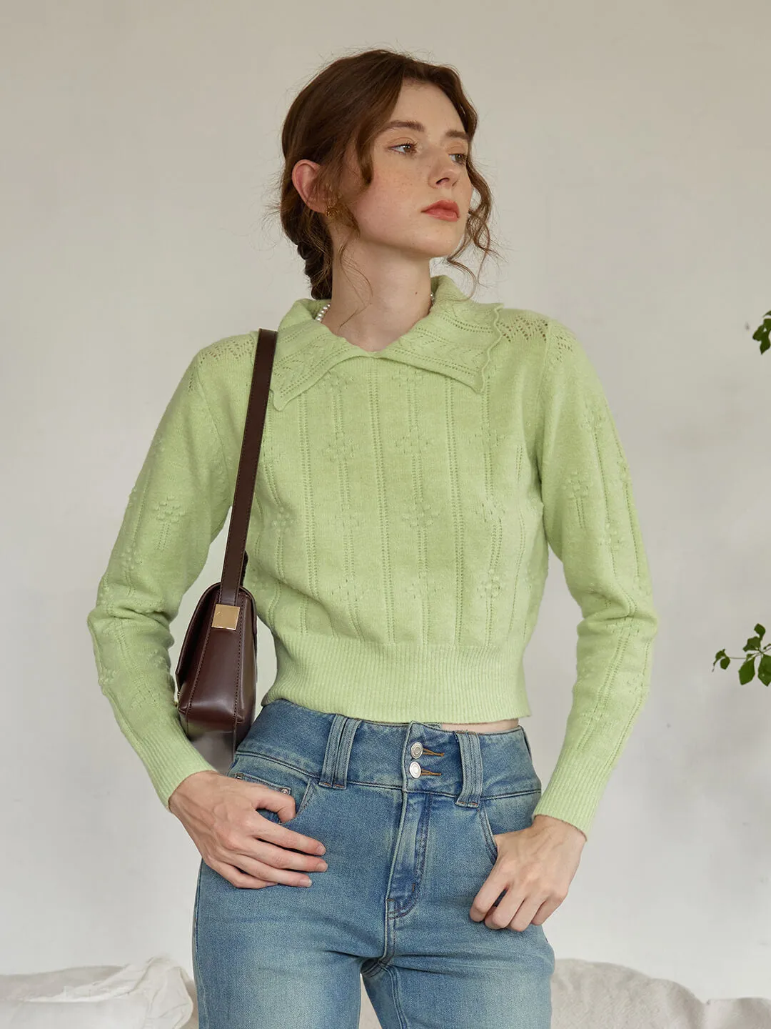 Jasmine Cable Polo Green Knit Sweater