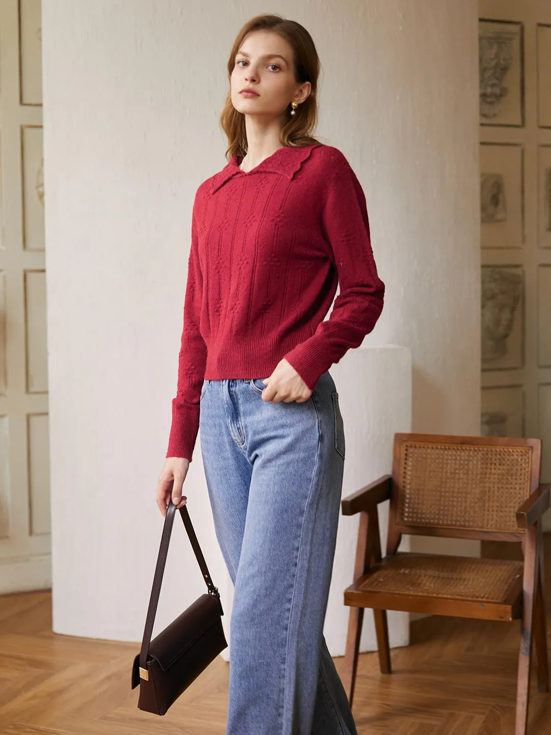 Jasmine Cable Polo Red Knit Sweater