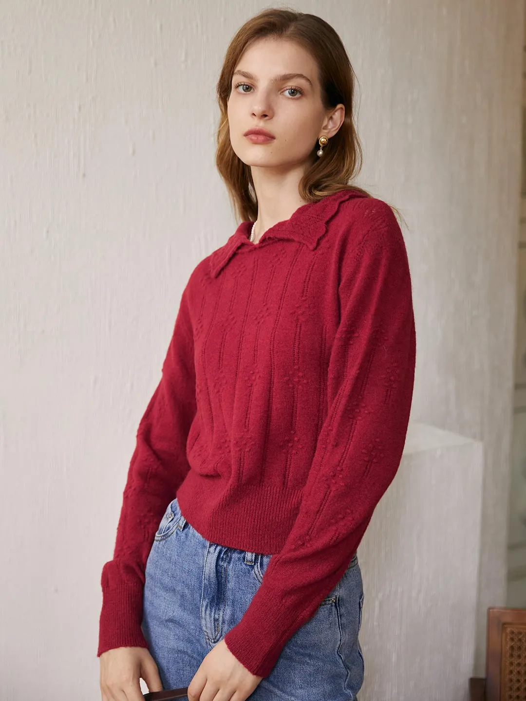 Jasmine Cable Polo Red Knit Sweater