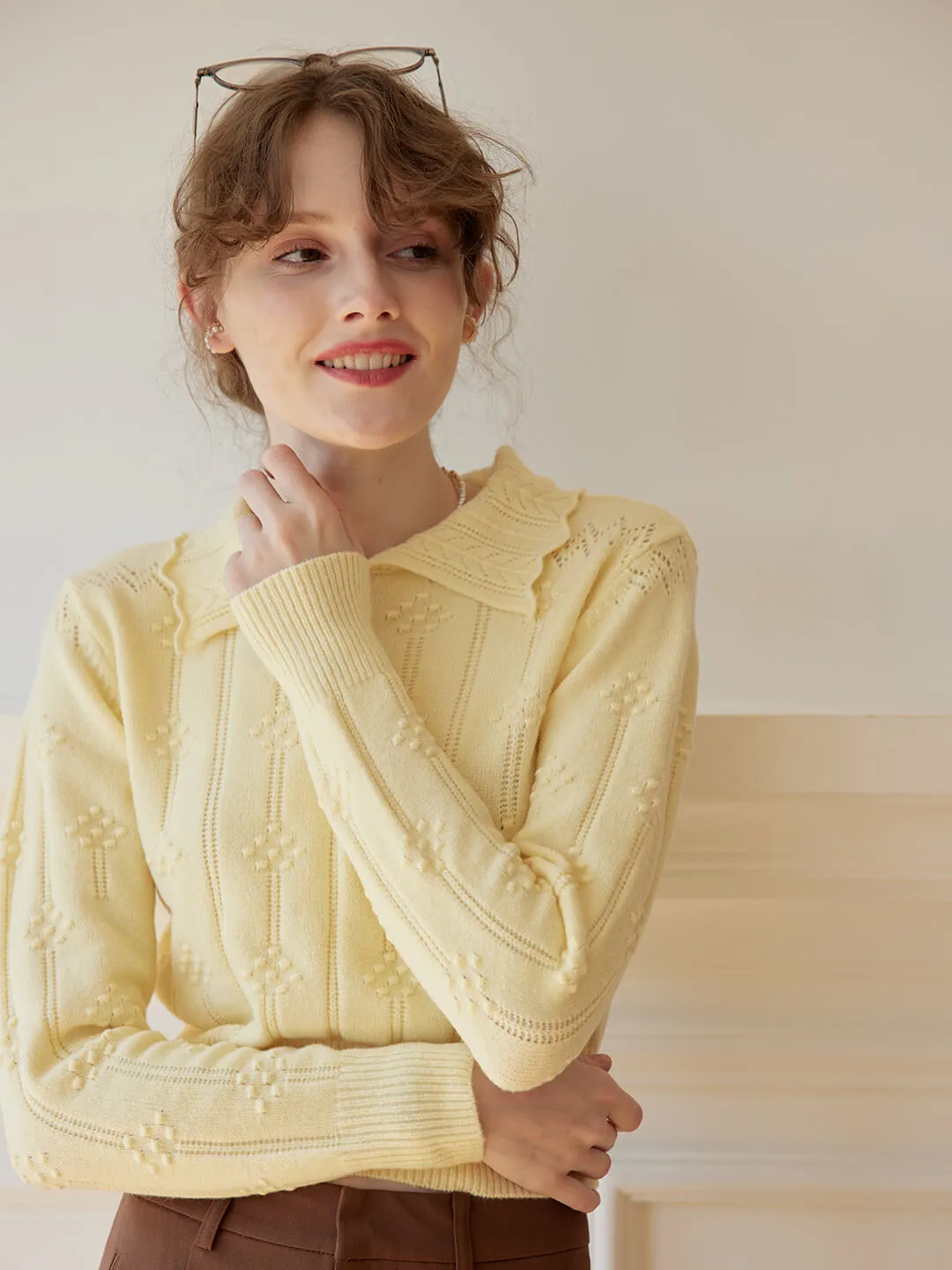 Jasmine Cable Polo Yellow Knit Sweater