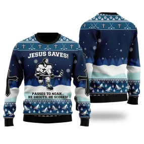 Jesus Saves Hockey Ugly Christmas Sweater For Men & Women - Jesus Christ Sweater - Christian Shirts Gifts Idea