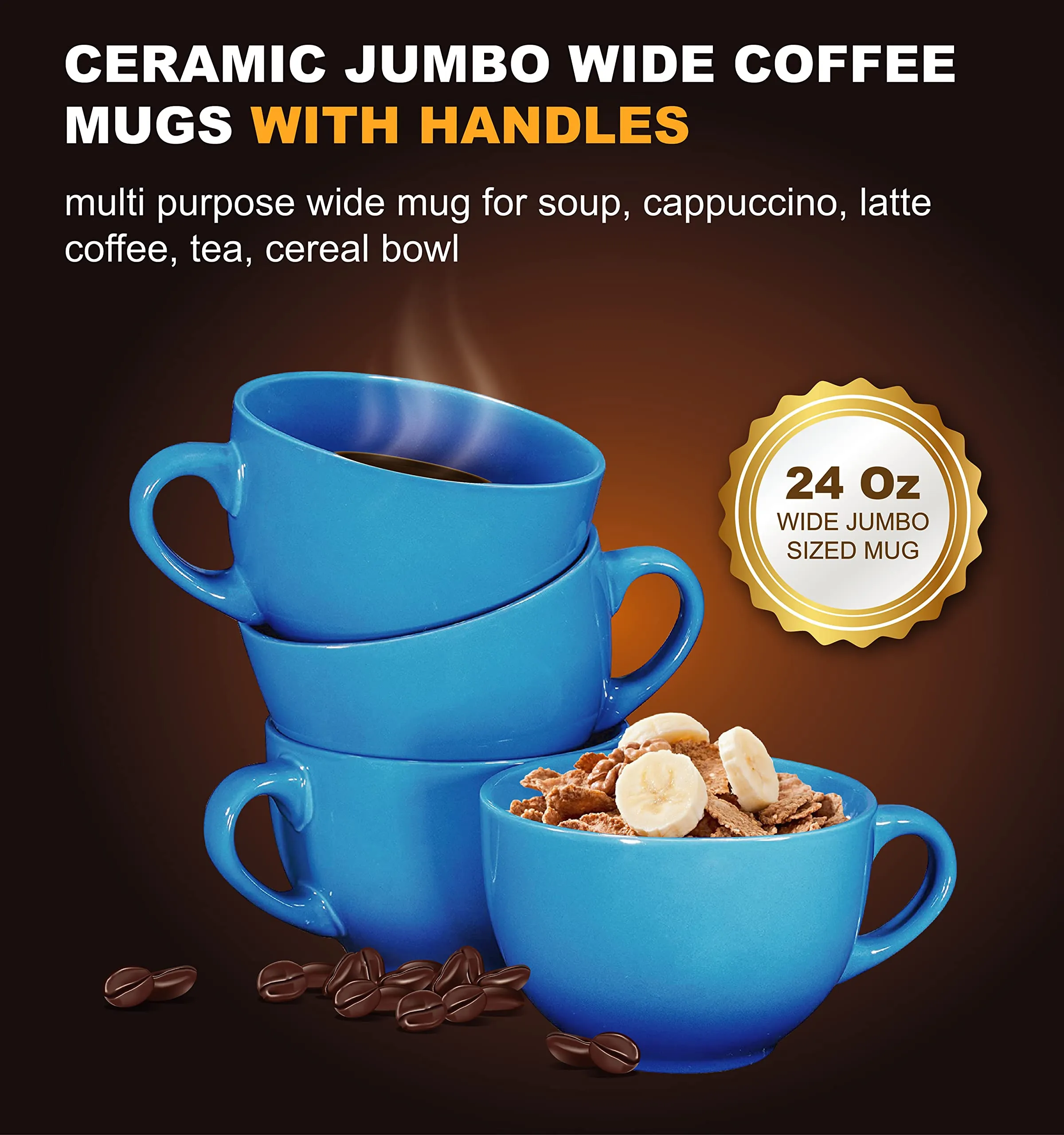 Jumbo Coffee And Cereal Set Of 4 Jumbo Mugs, 24 Ounce, Multi Purpose Wide Mug