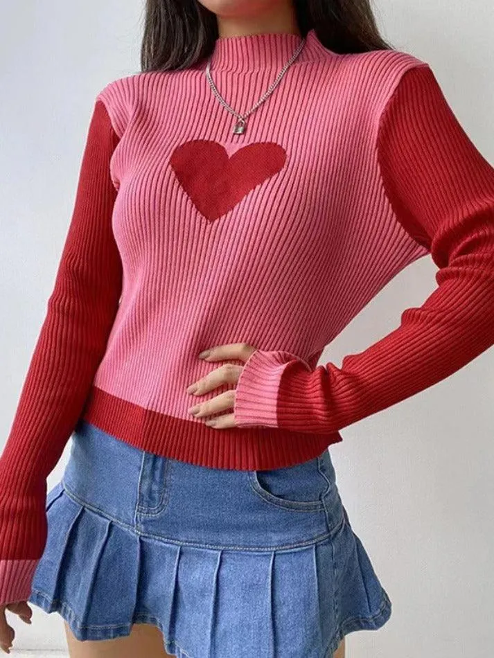 Knit Heart Print Slim Sweater