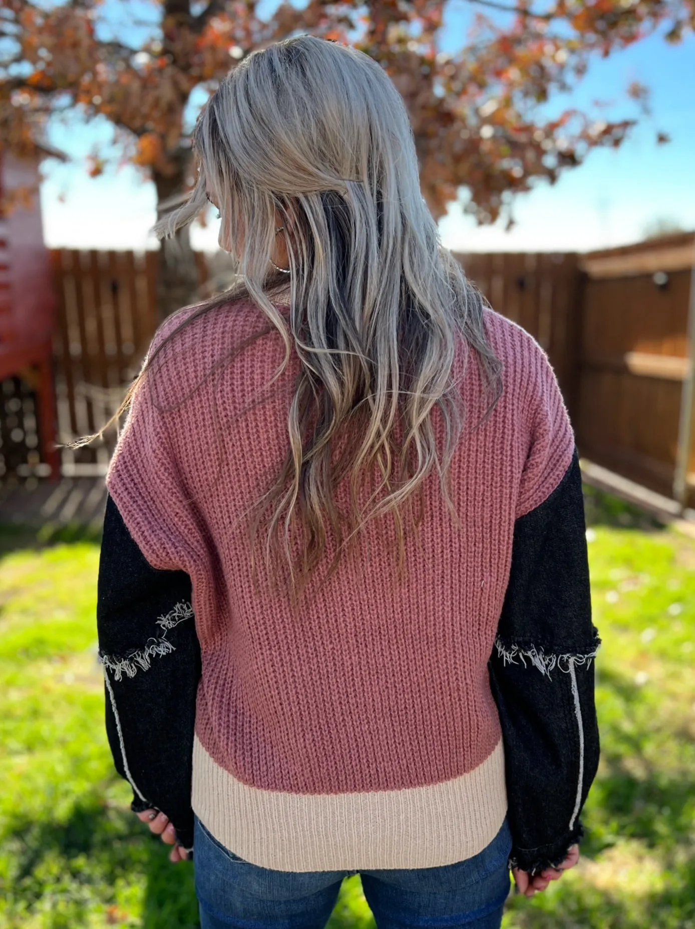 Knitted Mixed Pattern Denim Sleeve Sweater