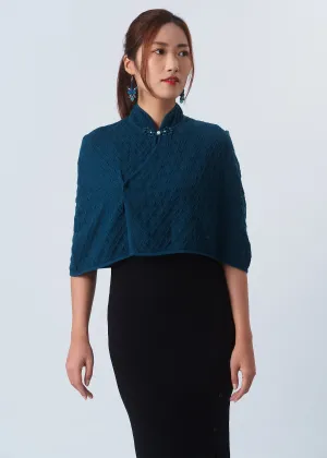 Knitted Qipao Cape w Pankou (Peacock Blue)