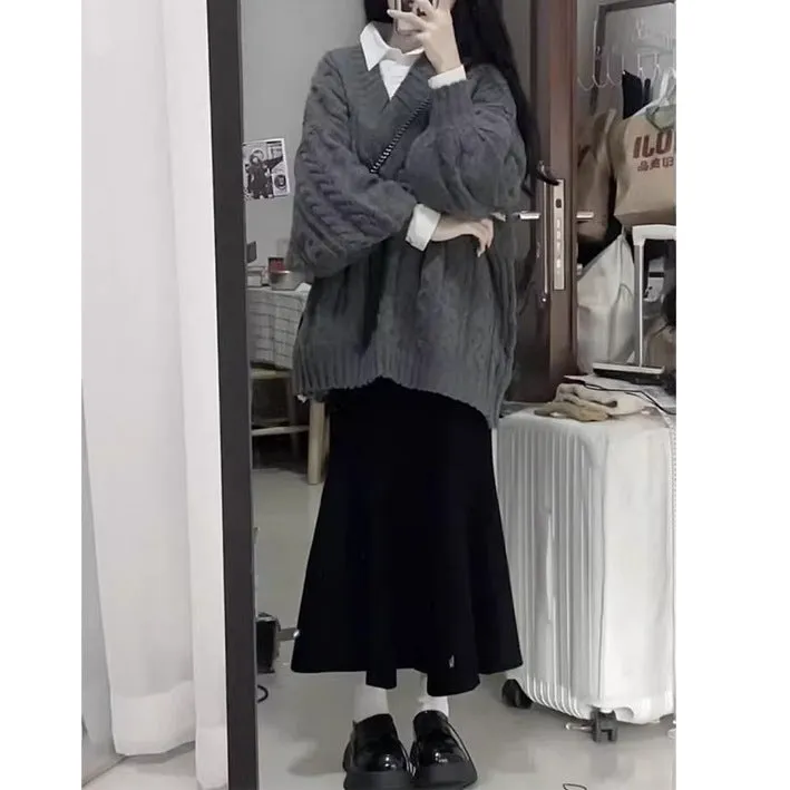 Lanfubeisi fall winery outfits Korean Style Lazy Style V-neck Sweater Retro Warm Loose Spring and Autumn Winter Gentle Style Pullover Skirt Two-Piece Set