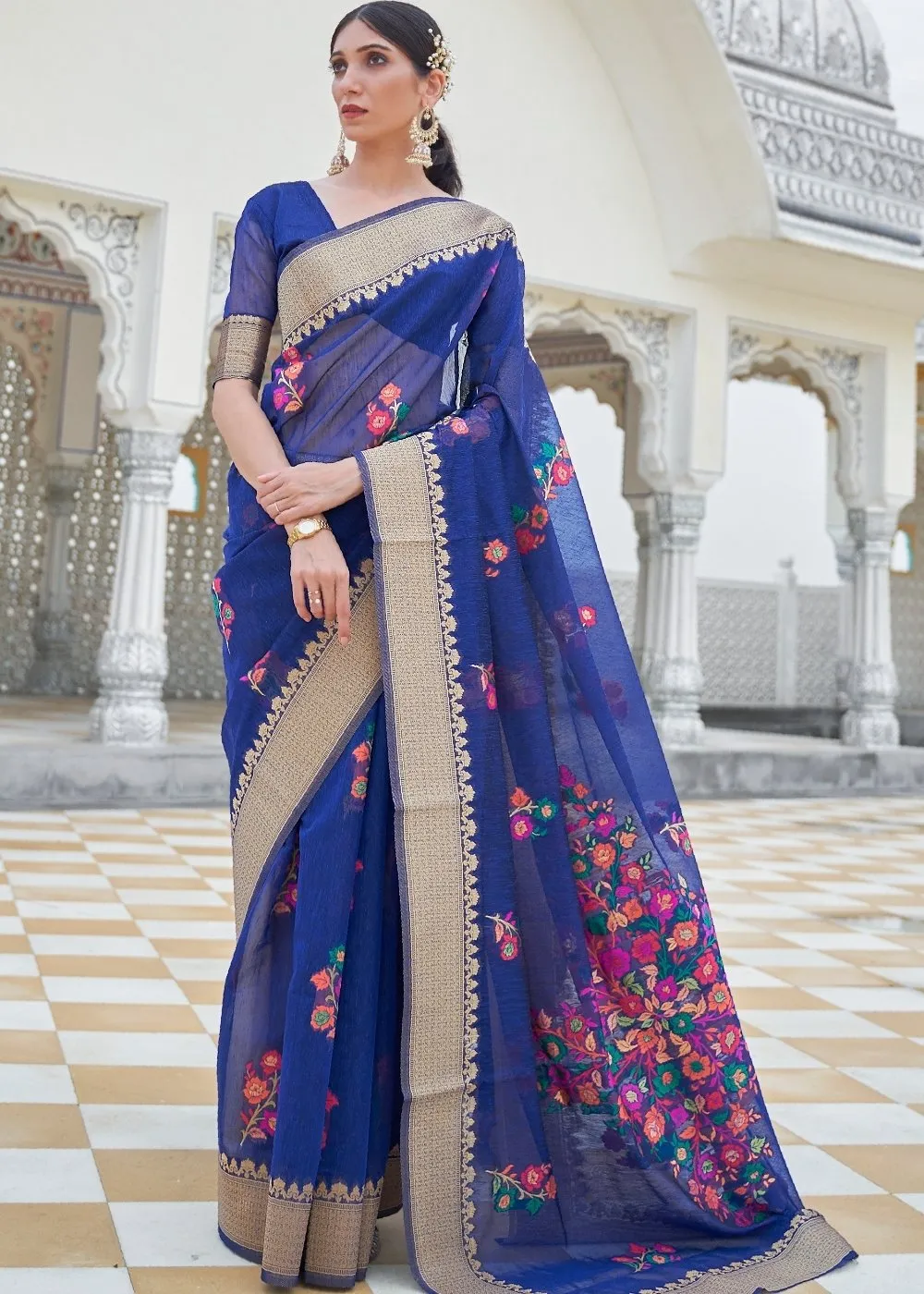 Lapis Blue Floral Embroidered Linen Silk Saree