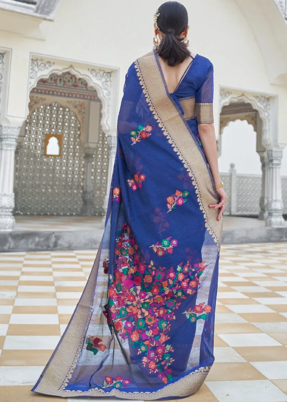 Lapis Blue Floral Embroidered Linen Silk Saree