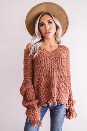 Latte Meet Up Distressed Sweater In Rustic Rose