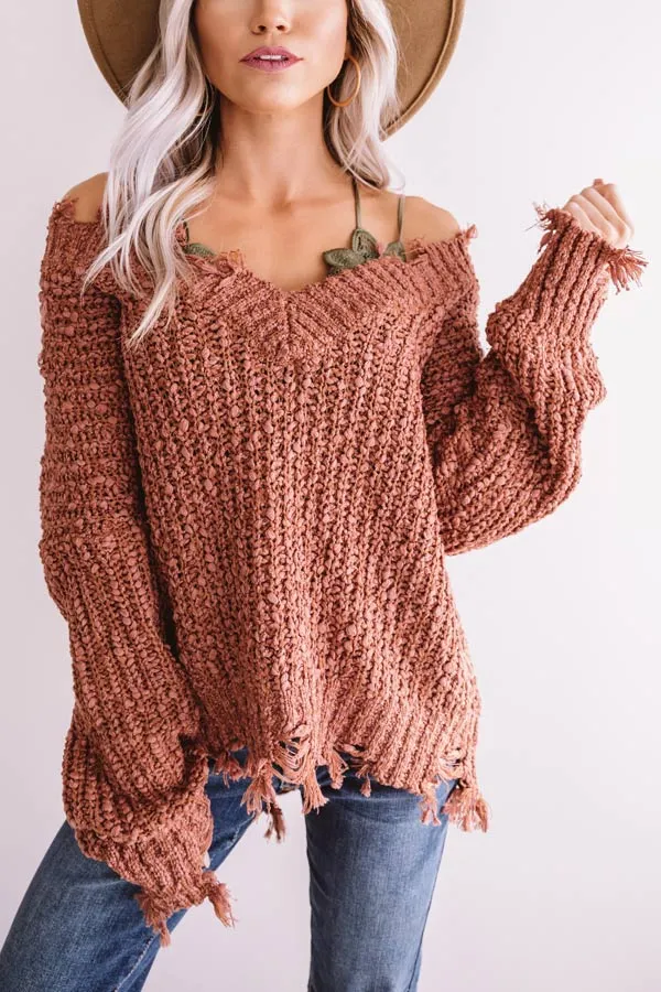 Latte Meet Up Distressed Sweater In Rustic Rose