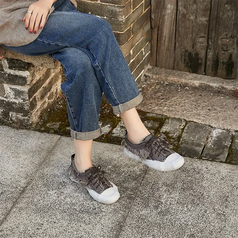 Leather Flatform Low-top Sneakers for Women Fringed Detail in Apricot/Grey