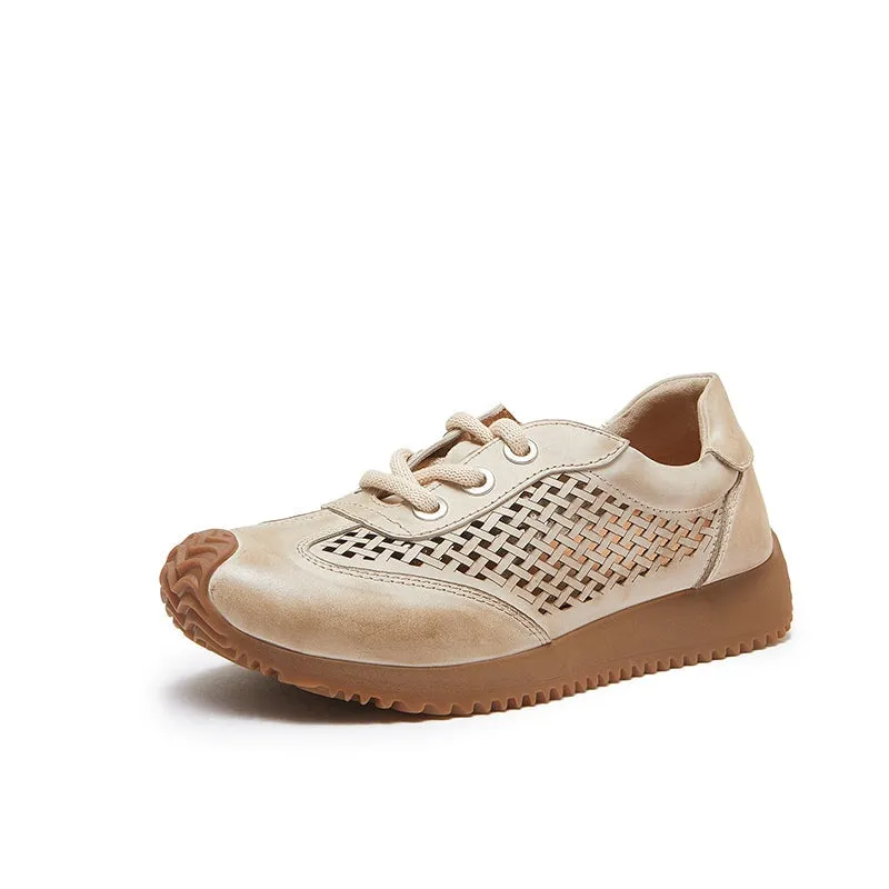 Leather Flatform Sneakers for Women Low-top Travel Perforated in Coffee/Beige