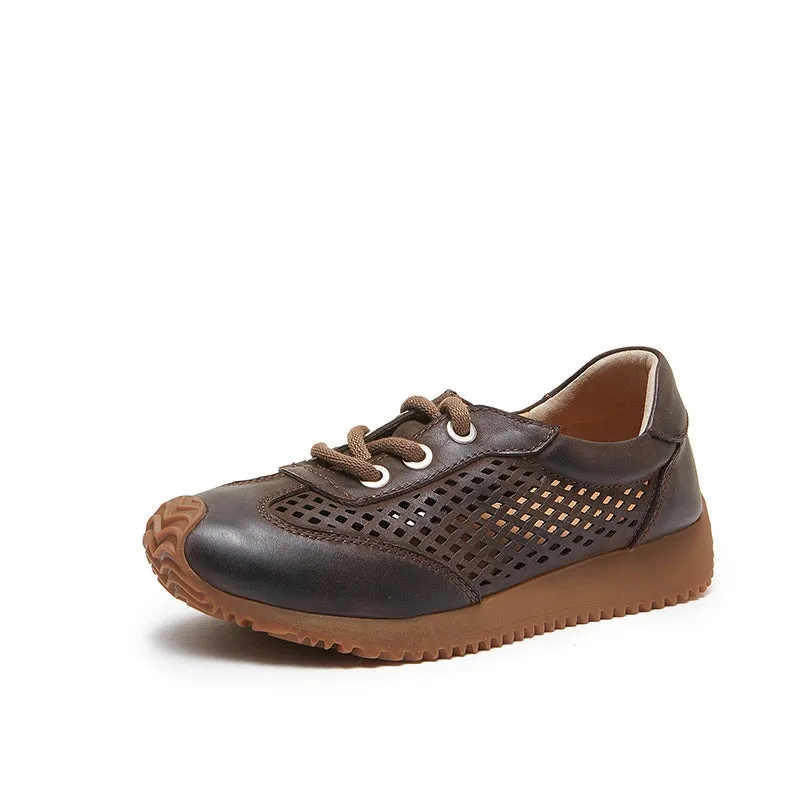 Leather Flatform Sneakers for Women Low-top Travel Perforated in Coffee/Beige