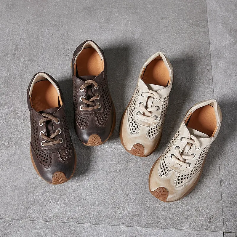 Leather Flatform Sneakers for Women Low-top Travel Perforated in Coffee/Beige