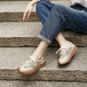 Leather Flatform Sneakers for Women Low-top Travel Perforated in Coffee/Beige