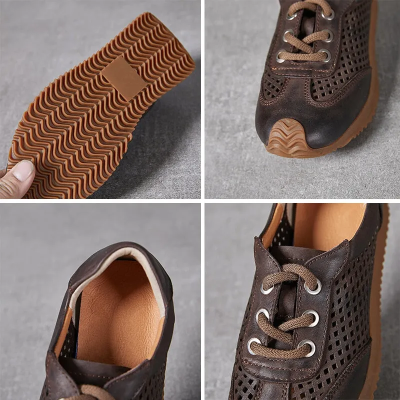 Leather Flatform Sneakers for Women Low-top Travel Perforated in Coffee/Beige