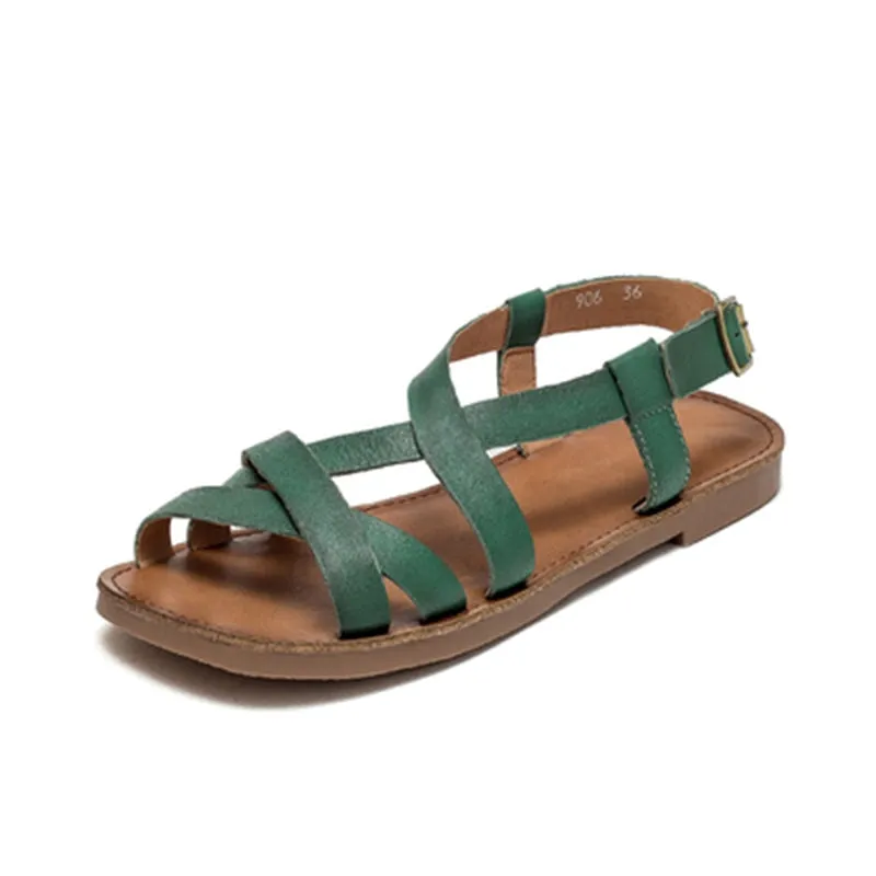 Leather Gladiator Sandals for Women Flat Side Buckle in Brown/Beige/Green