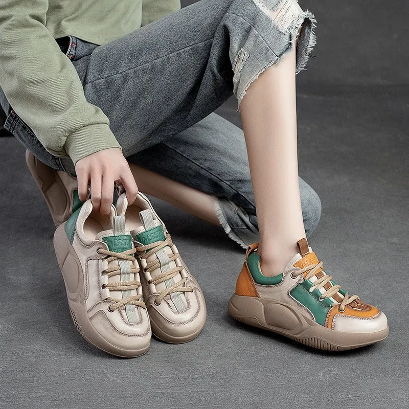 Leather Low-top Sneakers for Women Lace up in Beige/Orange