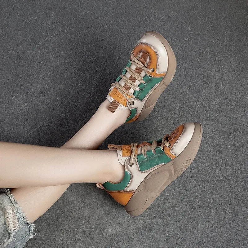 Leather Low-top Sneakers for Women Lace up in Beige/Orange