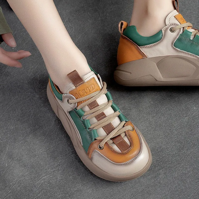 Leather Low-top Sneakers for Women Lace up in Beige/Orange