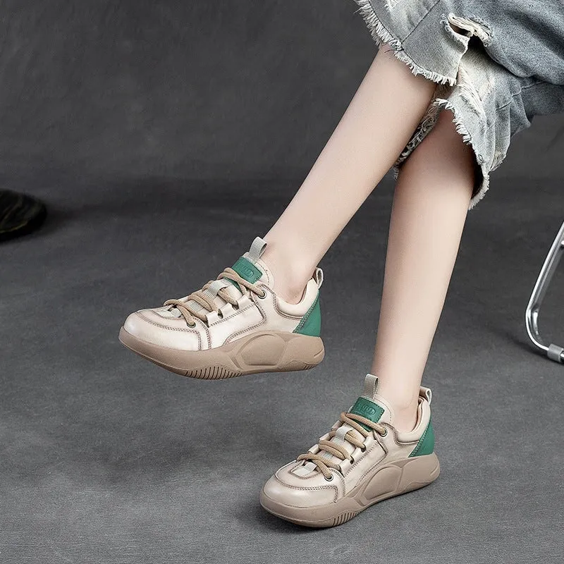 Leather Low-top Sneakers for Women Lace up in Beige/Orange