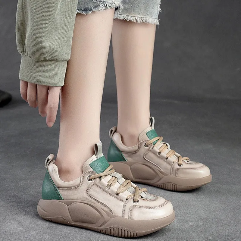 Leather Low-top Sneakers for Women Lace up in Beige/Orange