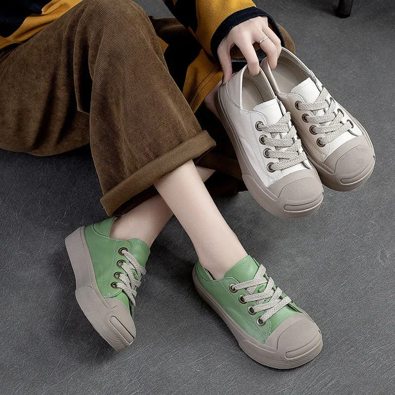 Leather Low-top Sneakers for Women Lace up in White/Green