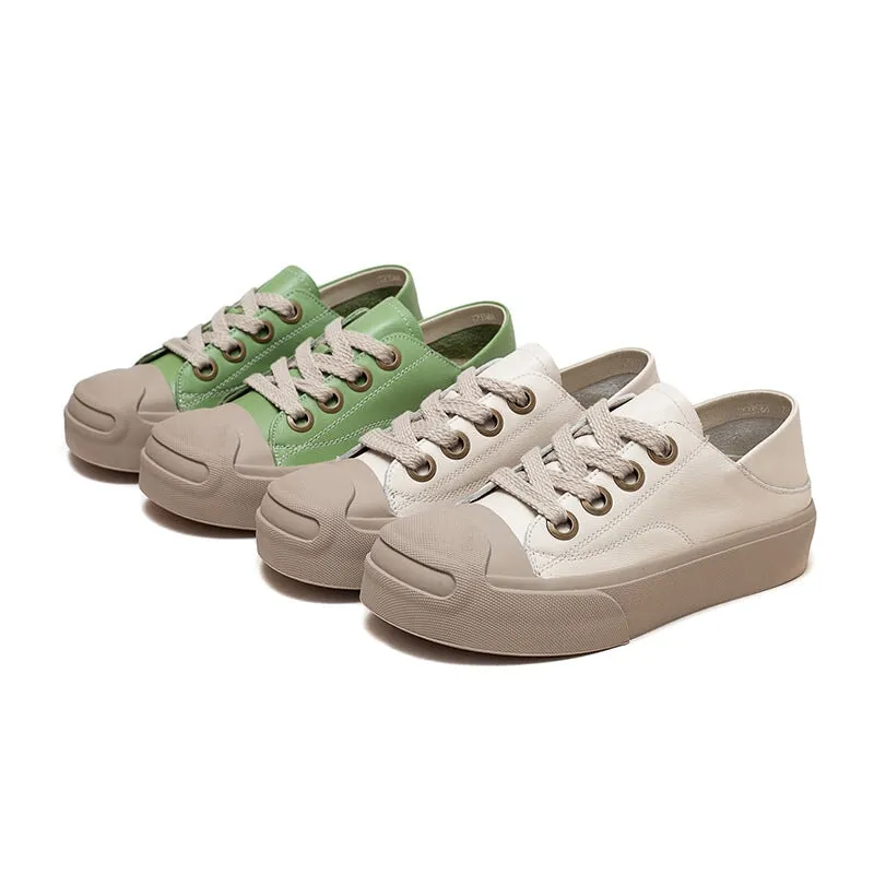 Leather Low-top Sneakers for Women Lace up in White/Green