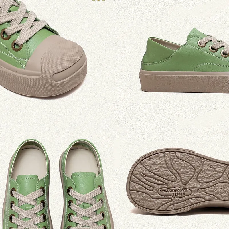 Leather Low-top Sneakers for Women Lace up in White/Green