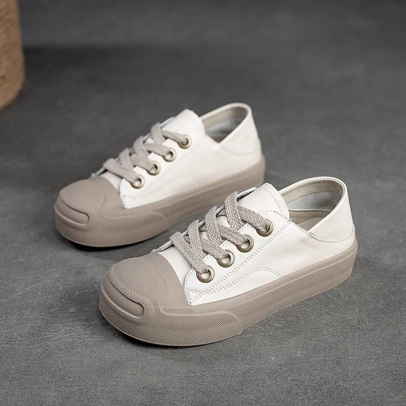 Leather Low-top Sneakers for Women Lace up in White/Green