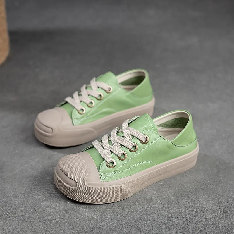 Leather Low-top Sneakers for Women Lace up in White/Green