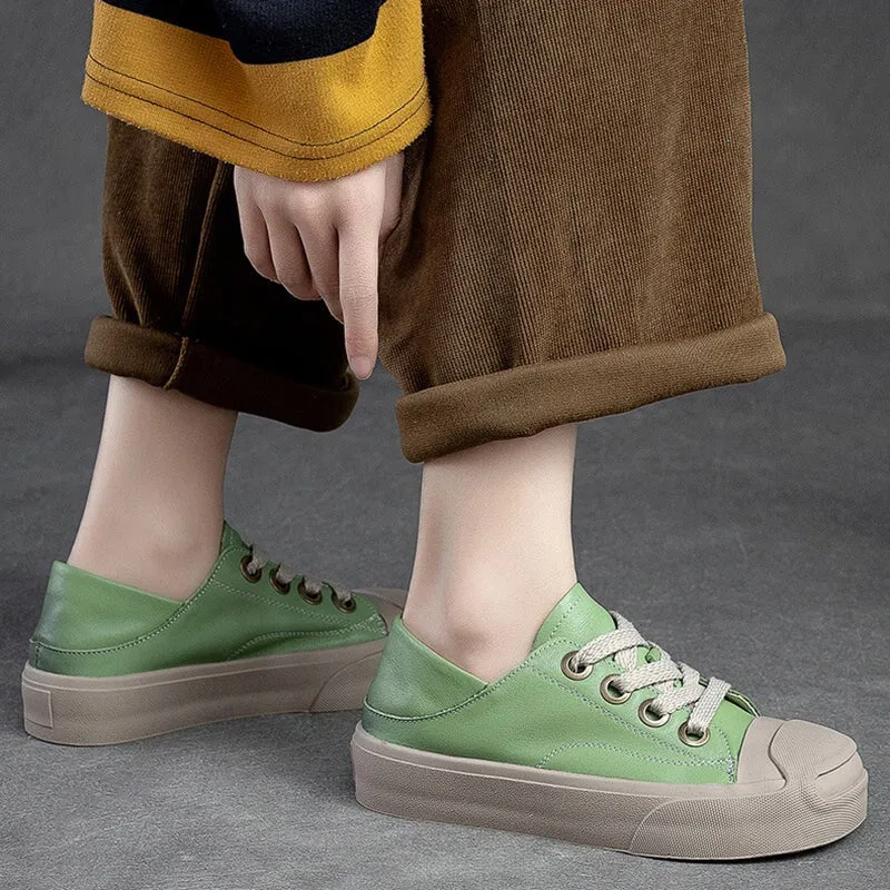 Leather Low-top Sneakers for Women Lace up in White/Green