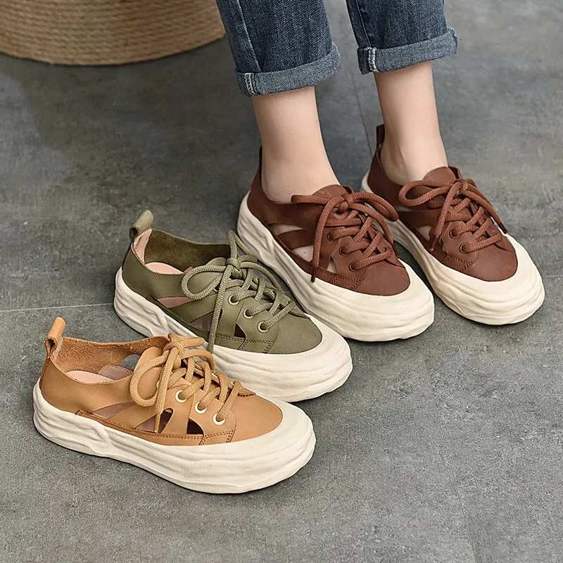 Leather Original Sole Sneakers for Women Low-top Lace up Cut Out in Yellow/Green/Brown