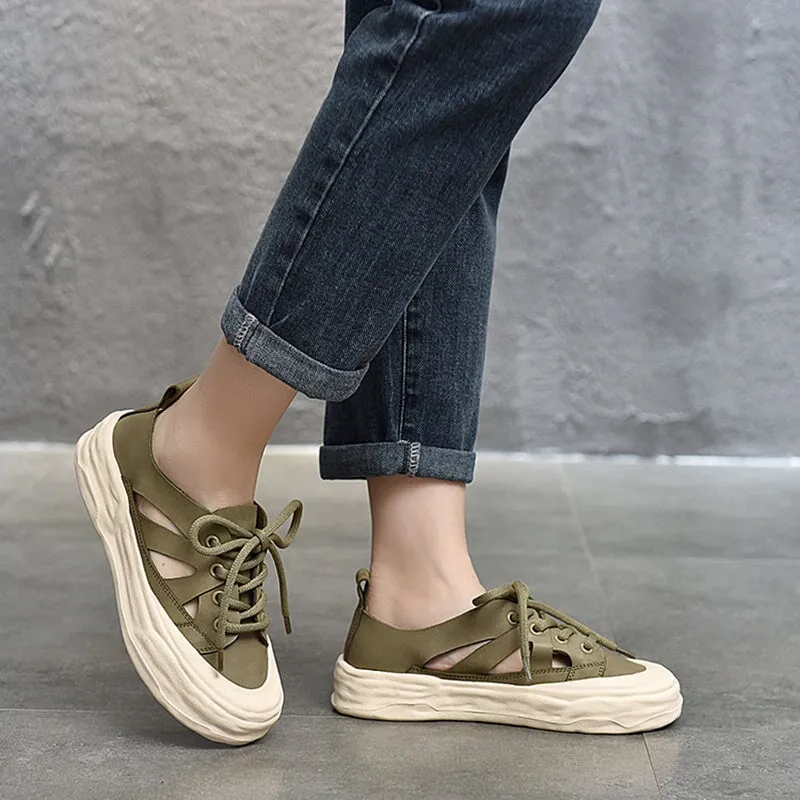 Leather Original Sole Sneakers for Women Low-top Lace up Cut Out in Yellow/Green/Brown