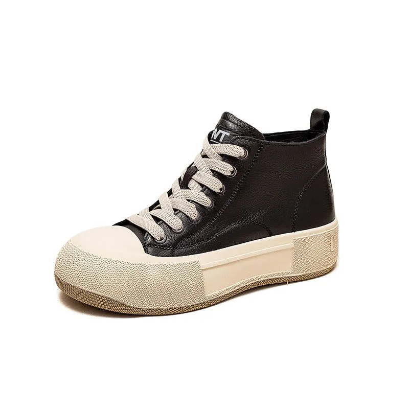 Leather Platform Sneakers for Women High-top Lace Up in Black/Red/Khaki