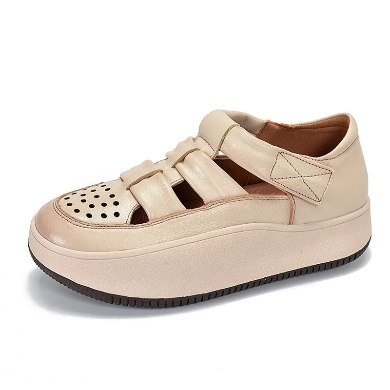 Leather Touch-strap Perforated Platform Sneakers for Women in Beige/Purple/Red